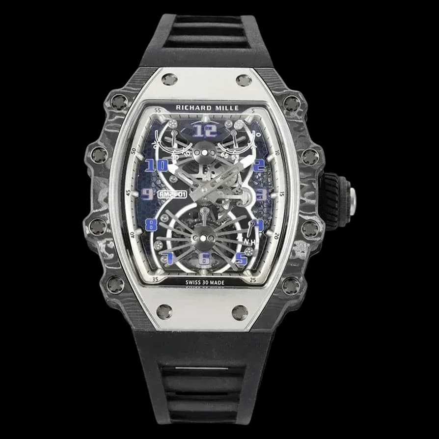 Front view of the Richard Mille RM 21-01 replica watch featuring a fully skeletonized dial and Carbon TPT case.