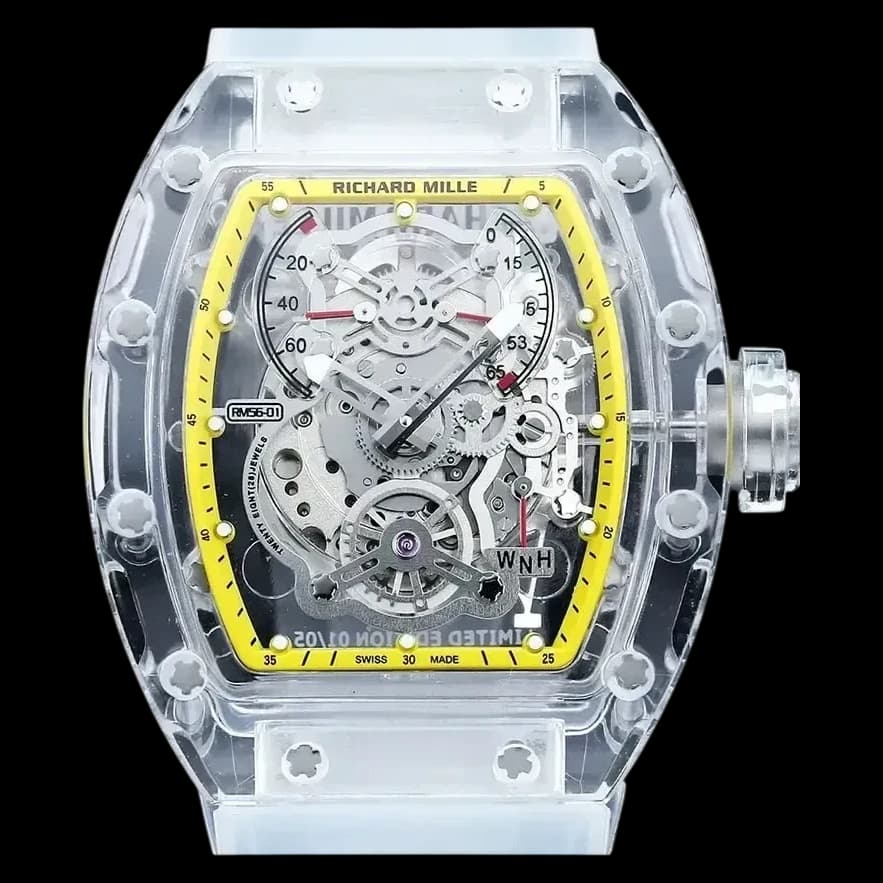 Front view of the swiss replica richard mille rm56-01 showing the transparent glass case and skeleton dial.