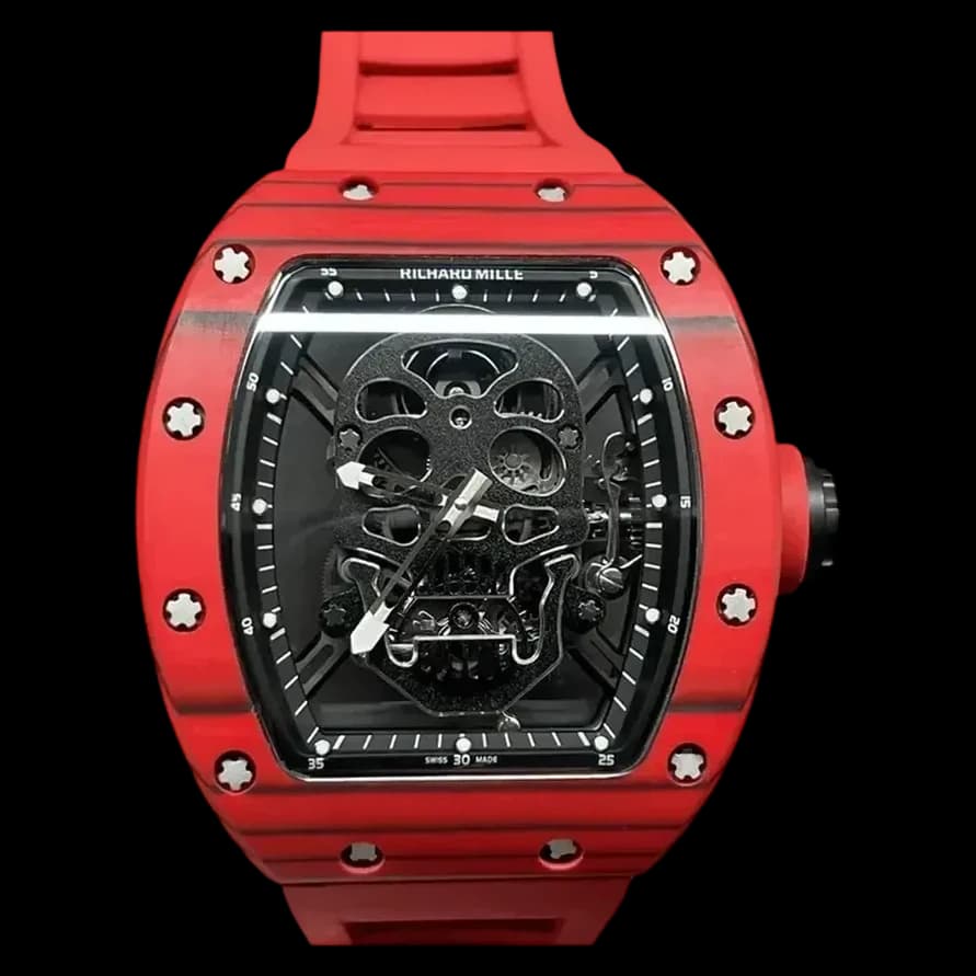 Front view of the replica Richard Mille RM 52-01 showing the striking red carbon case and 3D skull dial.
