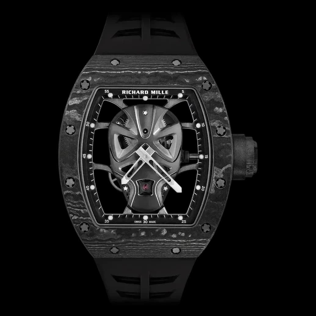 Close up of the openworked dial revealing the intricate mask tourbillon bridge on the Richard Mille super clone.