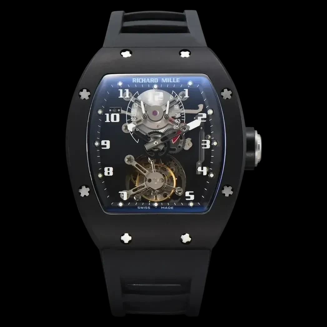 Front view of the Richard Mille RM001 replica men's tourbillon watch showcasing the skeletonized dial and titanium case.