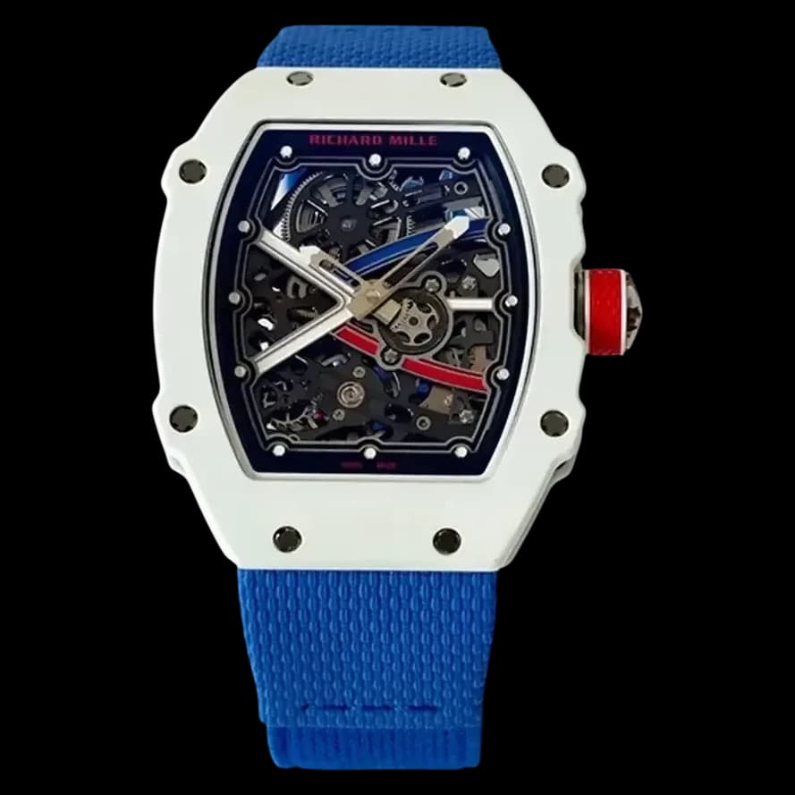 Front view of the Richard Mille RM 67-02 replica showcasing the white carbon case and skeleton dial.