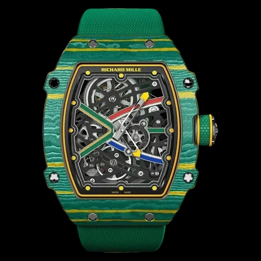Front view of the best replica Richard Mille RM 67-02 featuring a detailed skeleton dial and green strap.