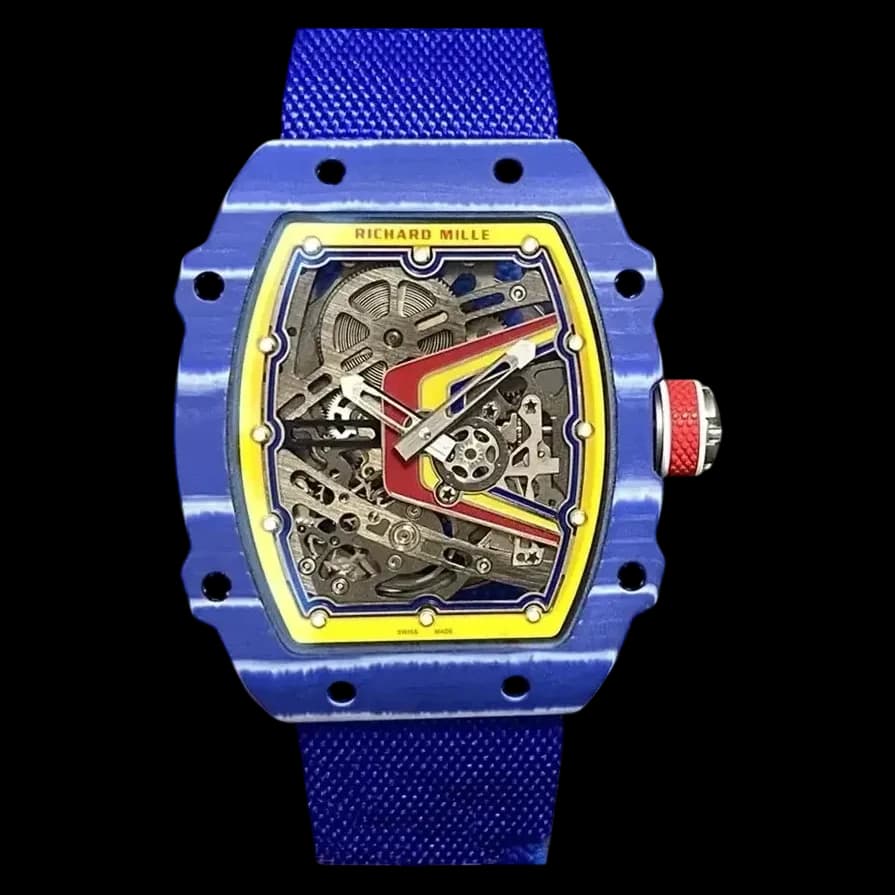 Front view of the Richard Mille RM 67-02 Fernando Alonso replica showcasing the intricate Swiss skeleton dial.