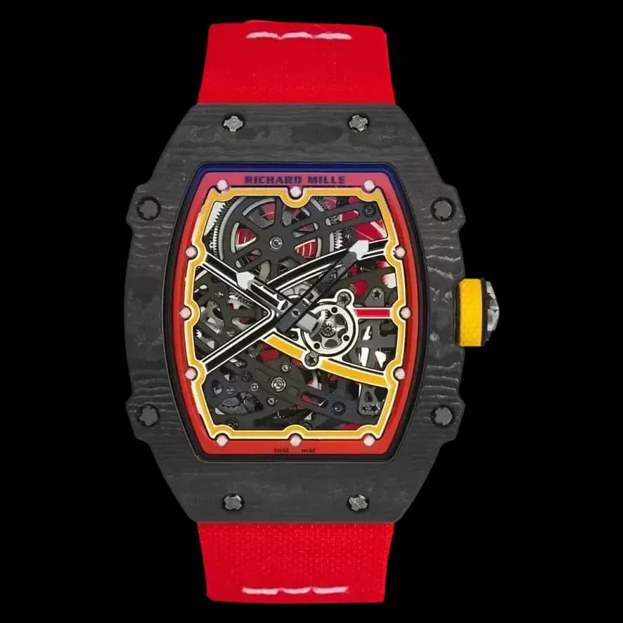 Front view of the Richard Mille RM67-02 V4 replica showcasing the intricate skeleton dial and carbon fiber case.