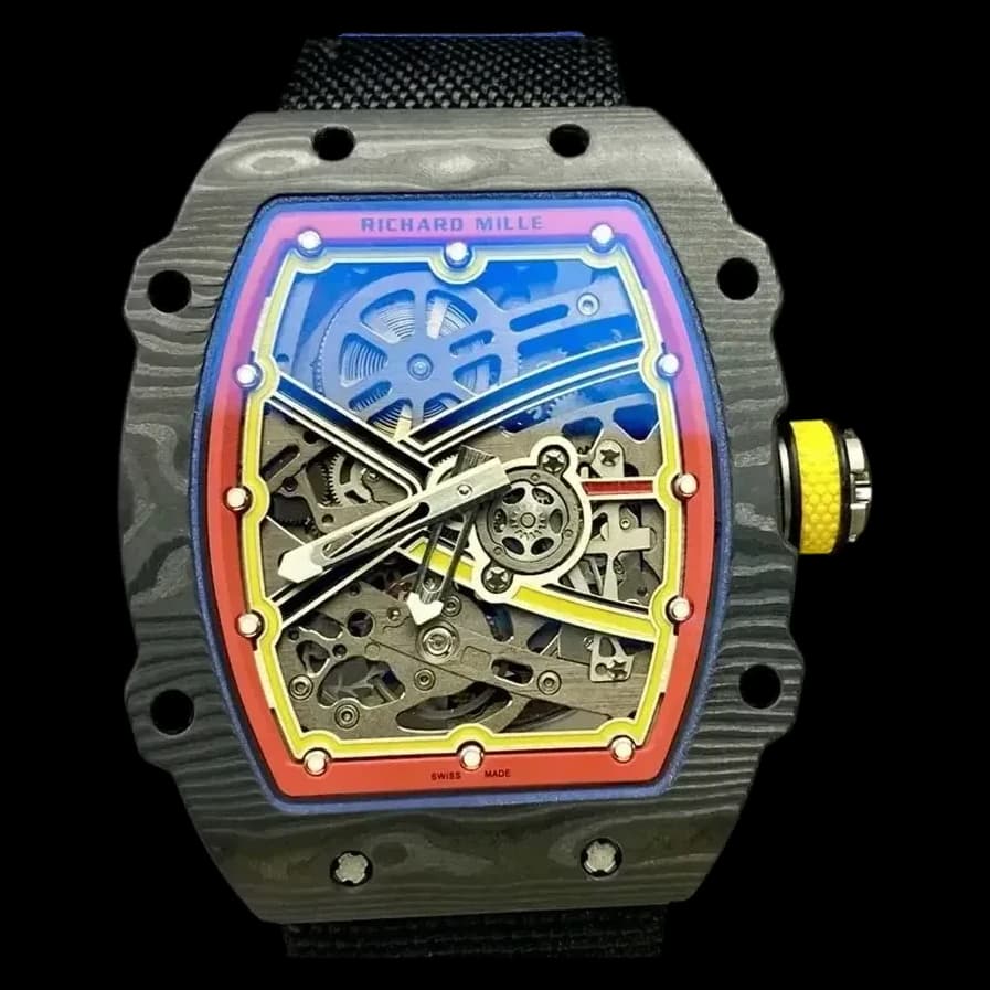 Front view of the best replica Richard Mille RM67-02 super clone featuring a detailed skeleton dial and carbon fiber case.