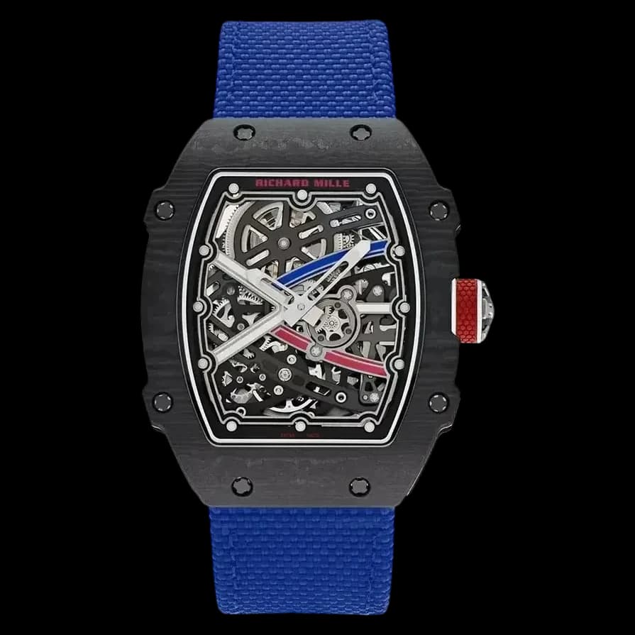 Front view of the best replica Richard Mille RM 67-02 V4 super clone watch featuring a 47mm carbon case.