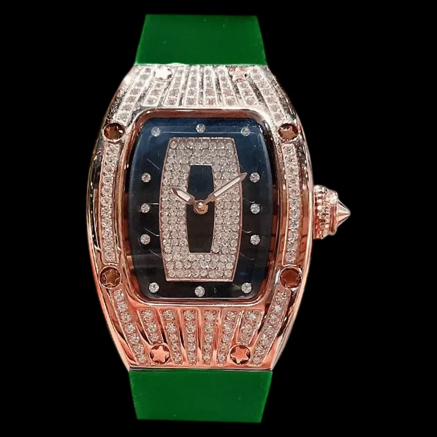 Front view of luxury replica Richard Mille RM 007 ladies watch with diamond set bezel and black dial.