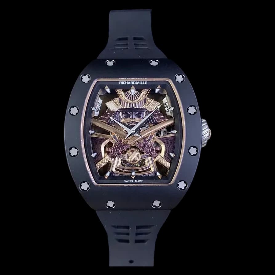 Front view of the Best Swiss RM47 Black Samurai Tourbillon Replica Watch showcasing the intricate skeleton dial.