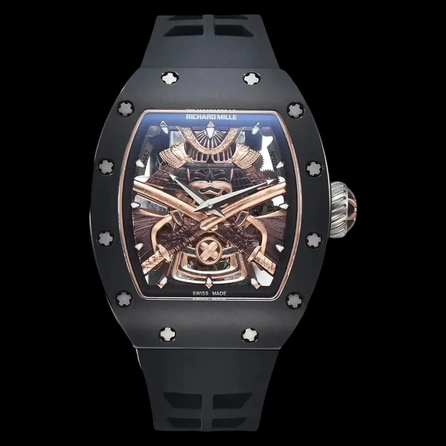 Front view of the replica Richard Mille RM47 tourbillon watch featuring the intricate Japanese maple leaf motif.