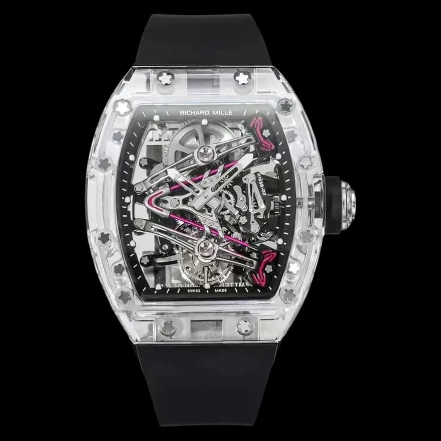 Front view of the Richard Mille RM 38-02 tourbillon replica watch featuring a transparent crystal case and skeleton dial.