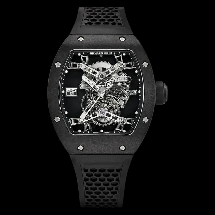 Front view of Richard Mille RM 027 Rafael Nadal tourbillon super clone with skeleton dial.