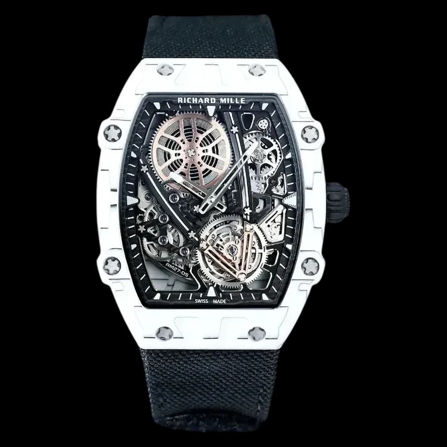 Front view of the best RM 27-05 replica watch showcasing its intricate skeleton dial and Swiss movement.