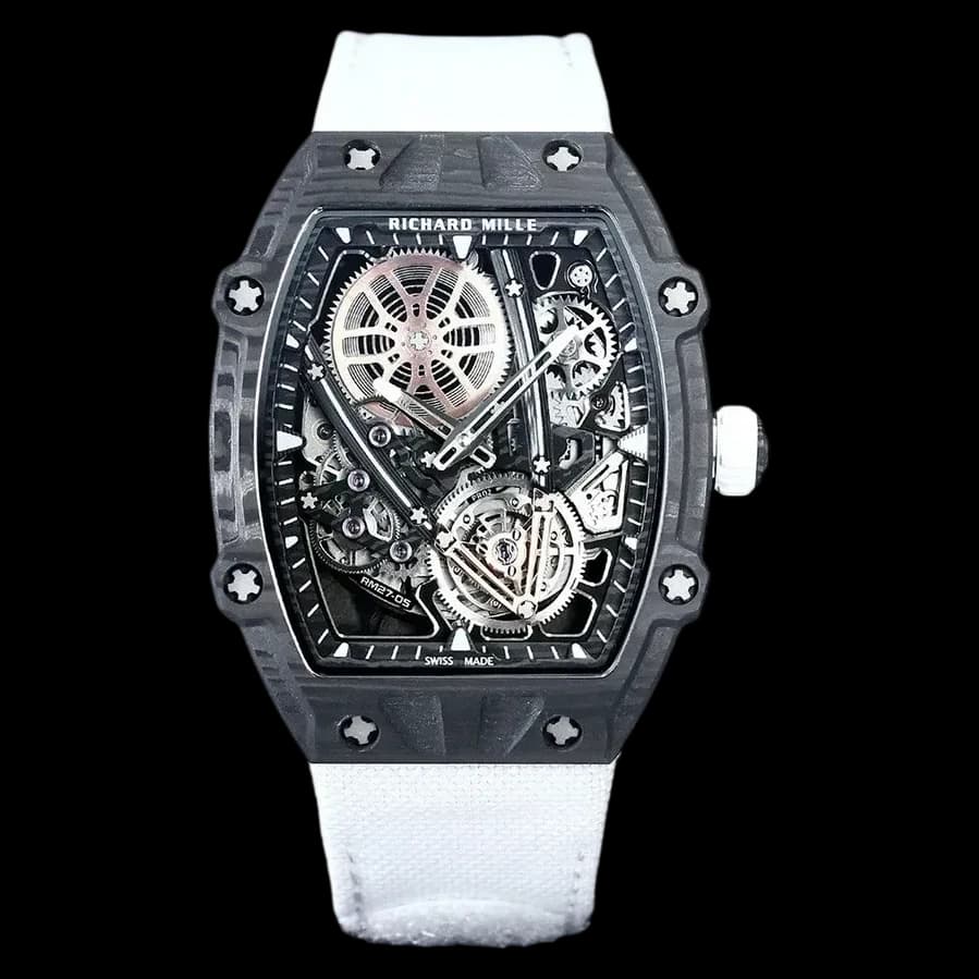 Front view of the RM 27-05 Flying Ultra Thin Rafael Nadal replica showcasing the openwork skeleton dial and carbon case.