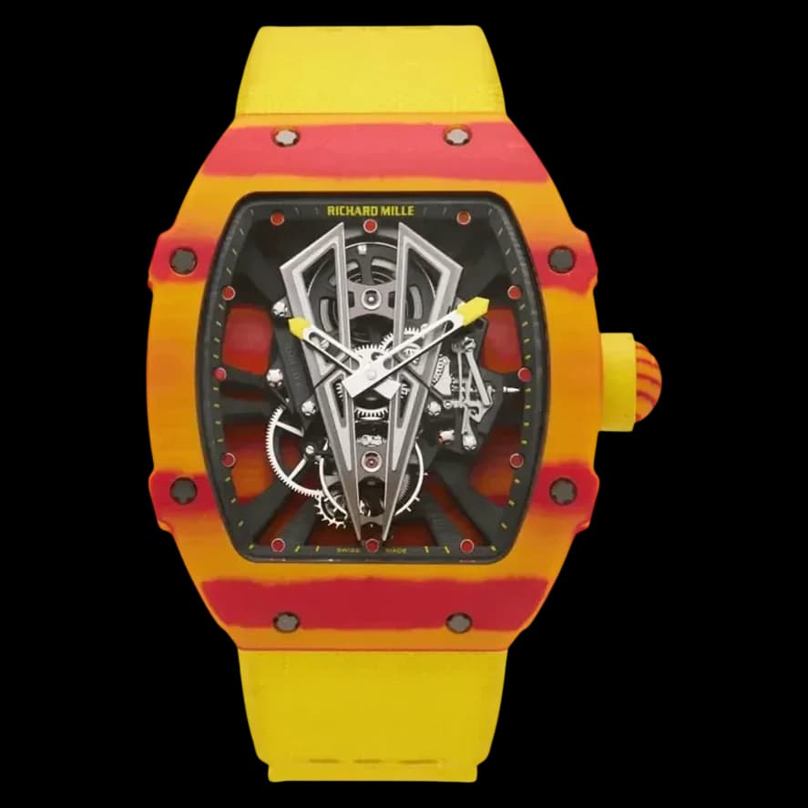 Front view of the replica Richard Mille RM27-03 Rafael Nadal carbon fiber watch showcasing the skeleton dial.