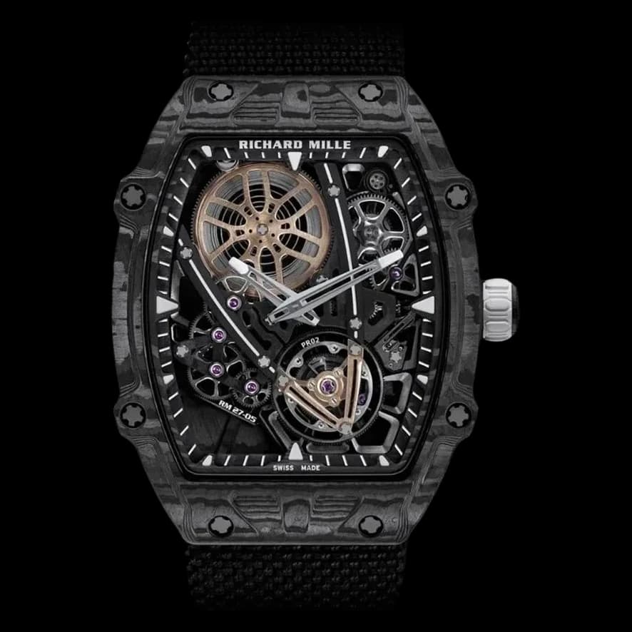 Front view of the RM 27-05 Flying Ultra Thin Rafael Nadal Replica Watch showcasing the skeleton dial.