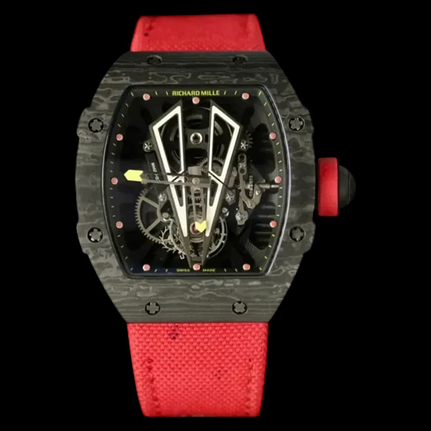 Front view of Swiss Replica Richard Mille RM 27-03 Dragon with black carbon fiber case and red woven strap.