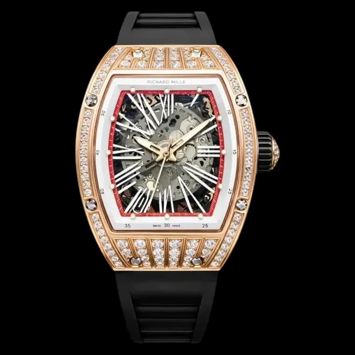 Front view of the Richard Mille RM 023 replica showcasing the rose gold diamond-set case and intricate skeleton dial.