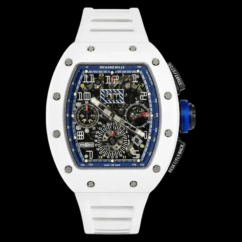 Front view of the replica Richard Mille RM 11-02 white ceramic chronograph with skeleton dial.