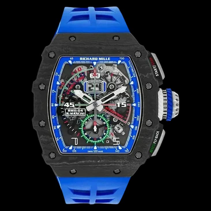 Front view of Richard Mille RM 11-04 replica featuring a detailed skeleton dial and blue rubber strap.
