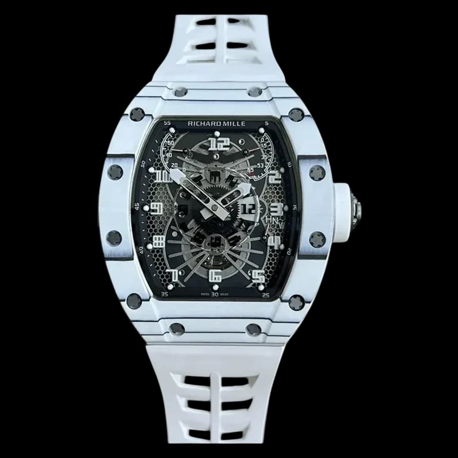 Front view of the Richard Mille RM 022 replica watch featuring a white carbon fiber case and skeletonized dial.