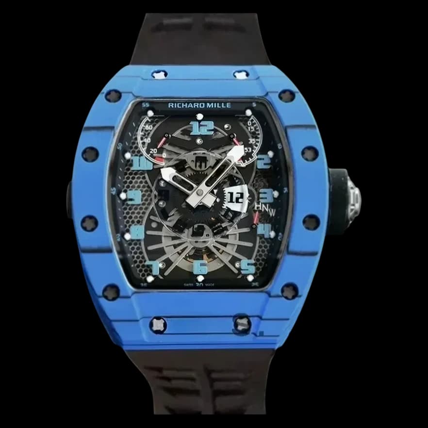 Front view of replica Richard Mille RM022 featuring a blue carbon case and intricate skeleton dial.