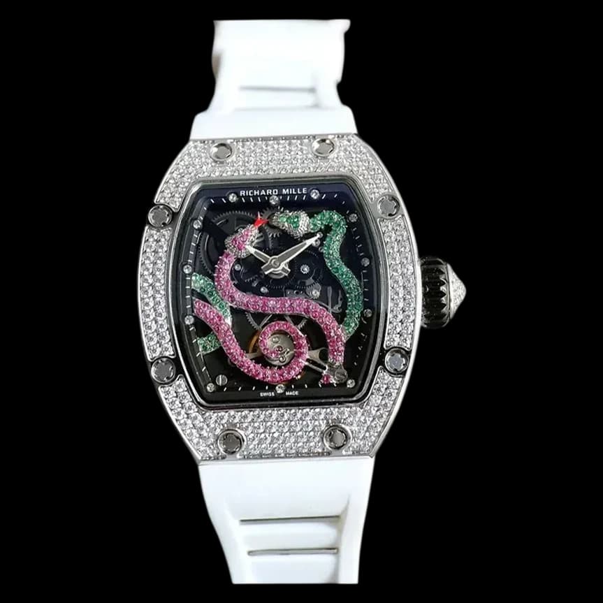 Front view of replica Richard Mille RM 026 serpent tourbillon watch featuring diamond white gold case and dual gemstone snakes.