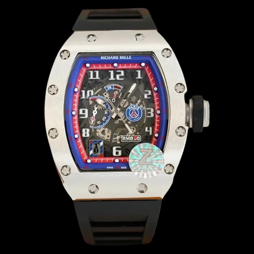 Front view of the Richard Mille RM 030 replica PSG watch featuring a skeleton dial and titanium case.