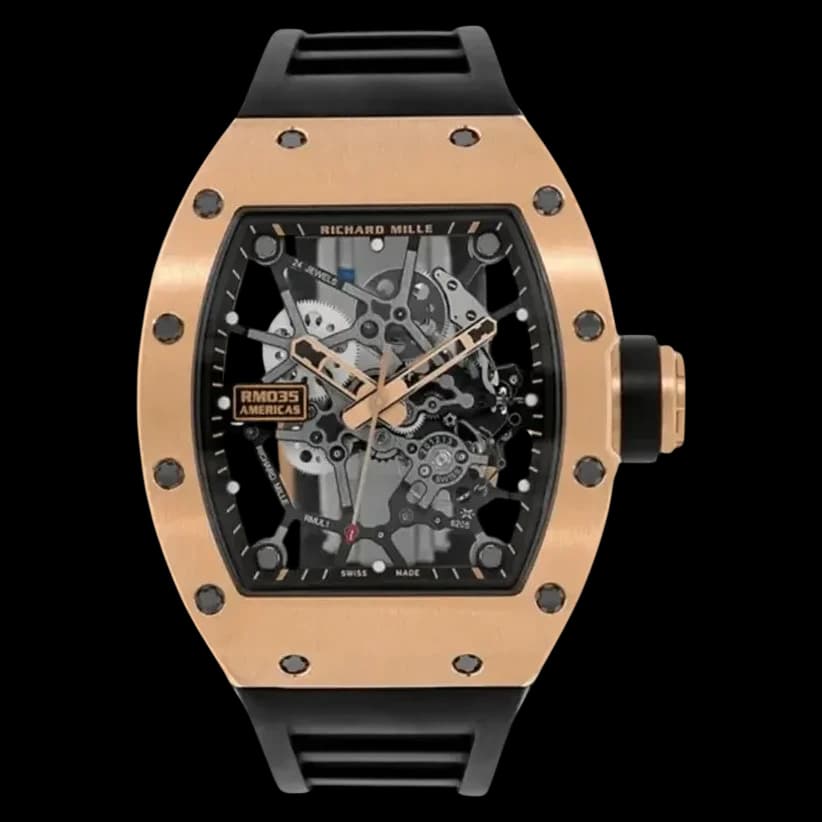 Front view of the super clone Richard Mille RM035 Americas rose gold luxury skeleton sports watch.