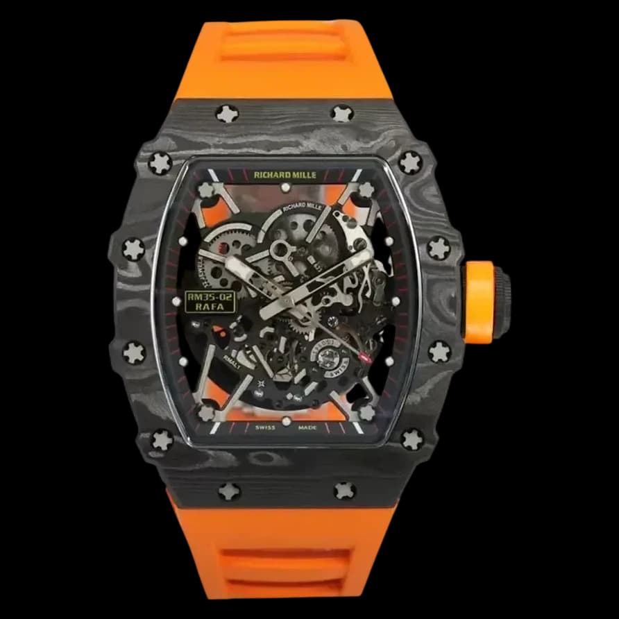 Front view of Richard Mille RM 35-02 NTPT carbon case replica with orange rubber strap and skeleton dial.