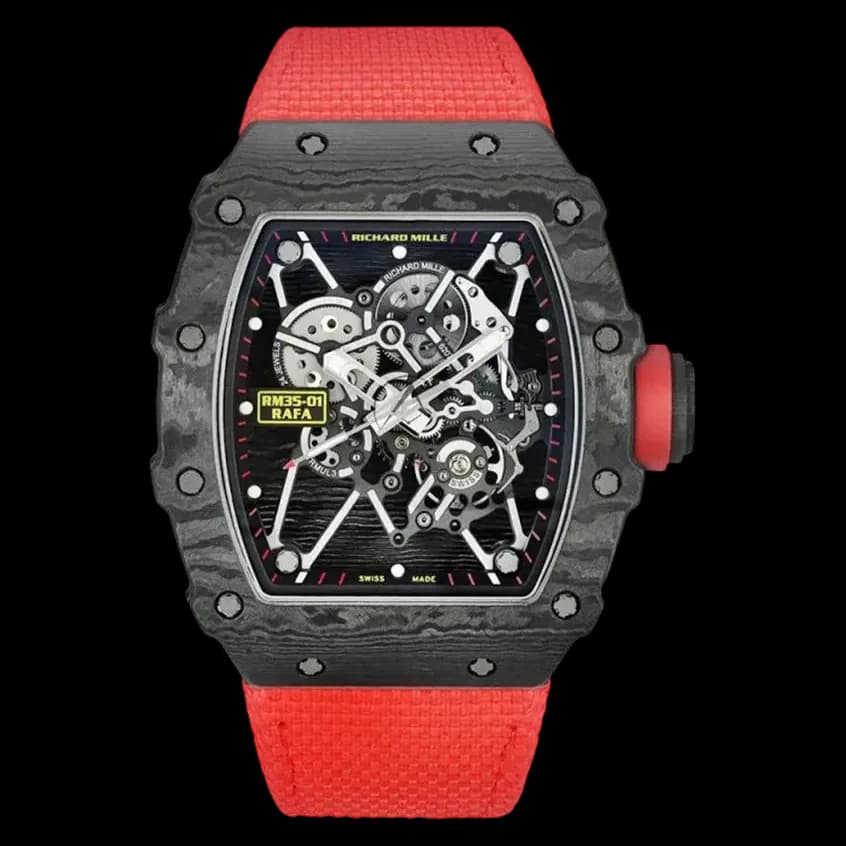 Front view of the Richard Mille RM 35-01 super clone showcasing the NTPT carbon case and skeleton dial.