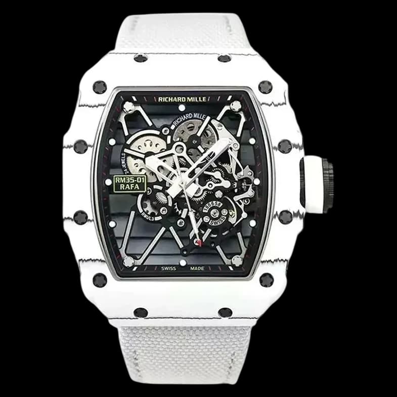 Front view of the Richard Mille RM35-01 Rafael Nadal replica super clone featuring an NTPT carbon case and skeleton dial.