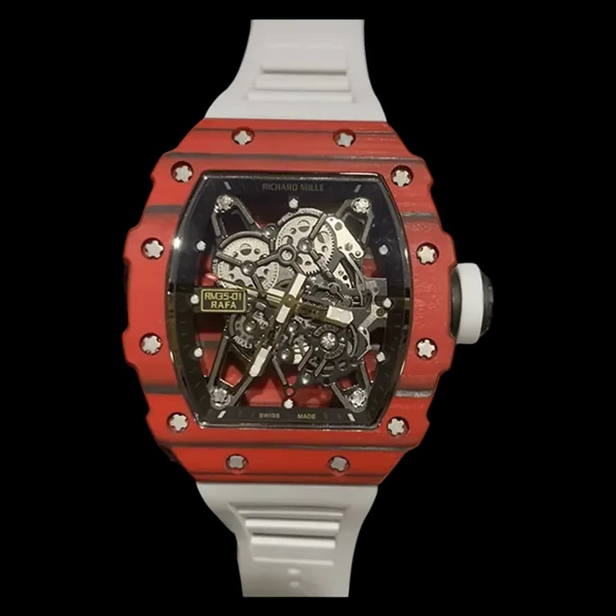 Front view of the Swiss Richard Mille RM 35-01 replica Rafael Nadal red case watch with carbon fiber details.