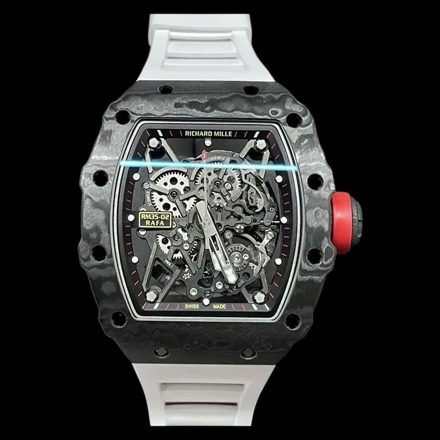 Front view of the Swiss Richard Mille RM 35-02 replica Rafael Nadal watch featuring a skeletonized dial and white rubber strap.