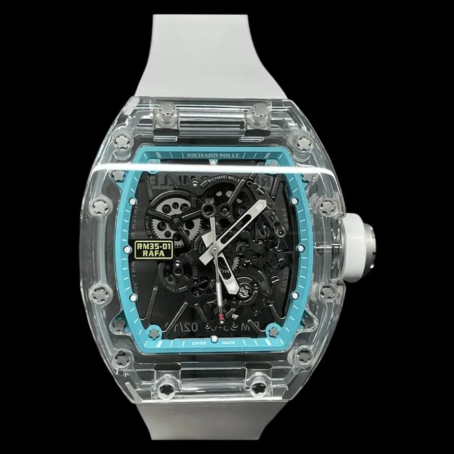 Front view of the replica Richard Mille RM 35-01 Rafael Nadal watch showcasing the intricate skeleton dial and crystal case.