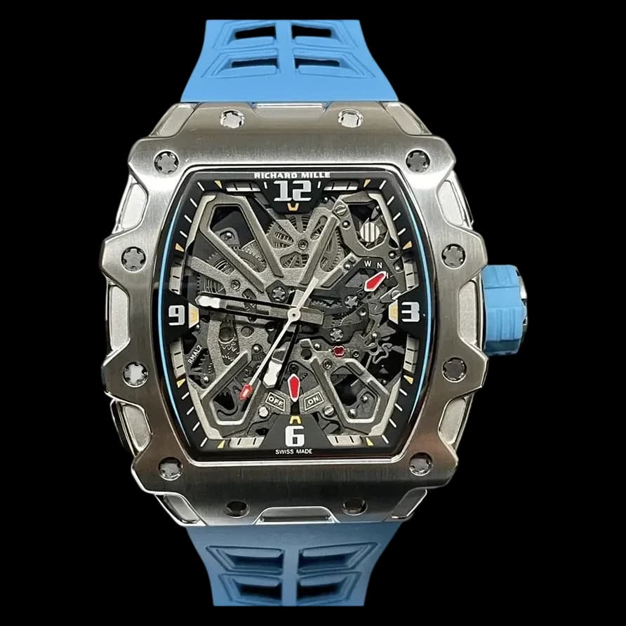 Front view of luxury replica Richard Mille RM 35-03 featuring a detailed skeleton dial and blue strap.