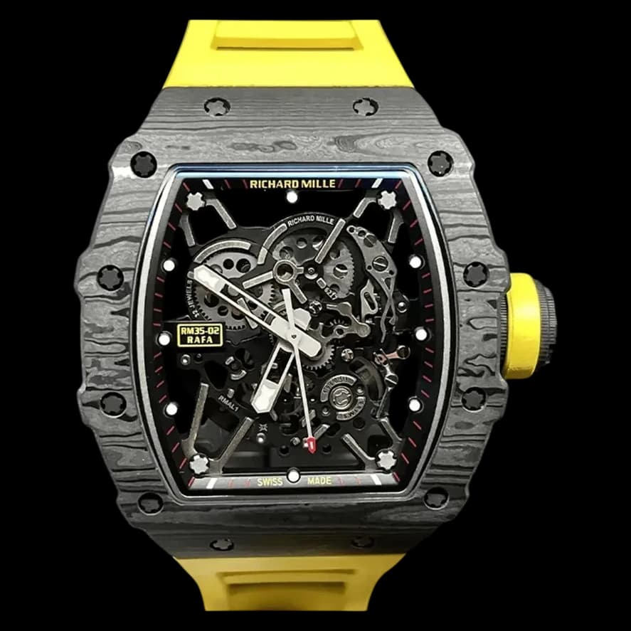 Front view of Swiss replica Richard Mille RM 35-02 featuring a skeleton dial and yellow rubber strap.