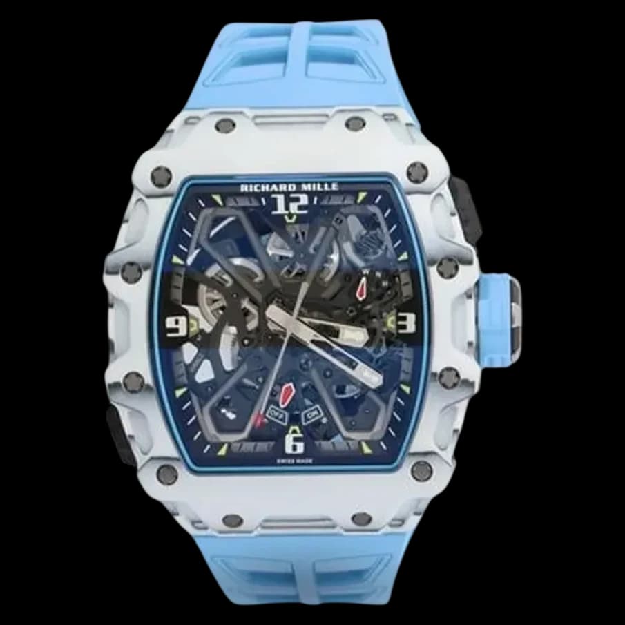 Front view of the Richard Mille RM 35-03 replica watch featuring a white carbon fiber case and blue rubber strap.