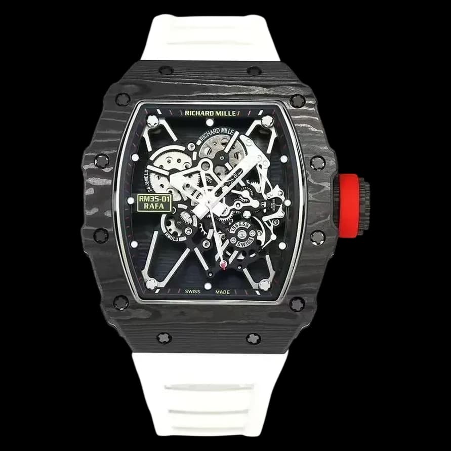 Front view of the Swiss replica Richard Mille RM35-01 featuring a carbon fiber case and white rubber strap.