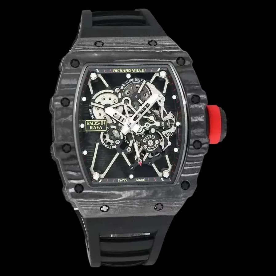 Front view of the Richard Mille RM 35-01 Rafael Nadal replica showcasing the intricate skeleton dial and NTPT carbon case.