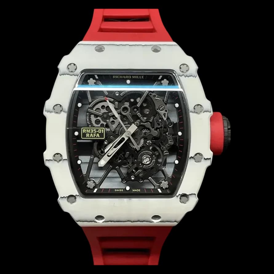 Front view of Richard Mille RM 35-01 replica Rafael Nadal featuring white carbon case and skeleton dial.