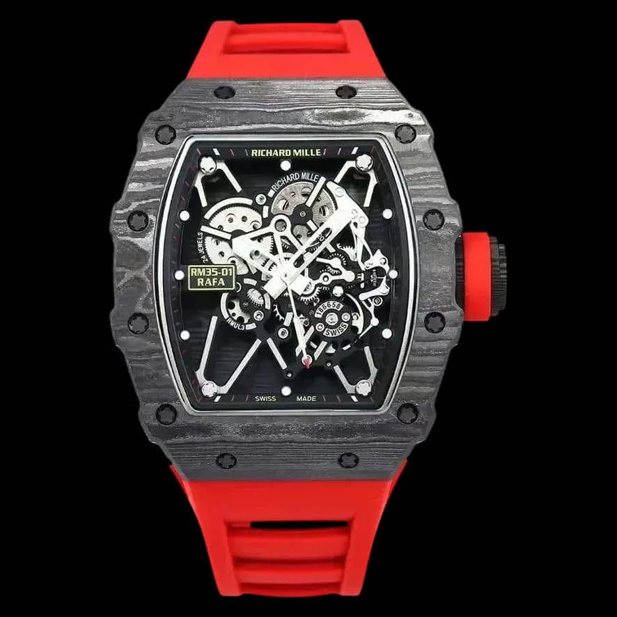 Front view of the Richard Mille RM 35-01 replica showcasing the intricate skeleton dial and vibrant red rubber strap.
