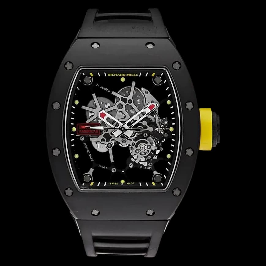 Brand Richard Mille Replica Range RM 035 Model Number RM 035 Gender Mens Movement Swiss Automatic Crystal Scratch Resistant Sapphire Case Dimensions 50mm × 48mm × 39.7mm Case Shape Barrel Case Material Carbon Fiber Bracelet Material Black Rubber Strap Bezel Material Carbon Fiber Dial Color Skeletonized with Red Sport Accents Water Resistance Automatic: 50 meters