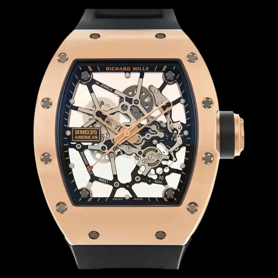 Front view of the replica Richard Mille RM035 Americas Edition super clone watch featuring a skeleton dial.