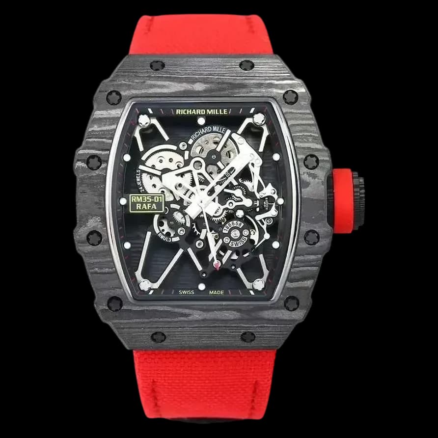 Front view of the best Swiss replica Richard Mille RM 35-01 Rafael Nadal watch featuring a lightweight carbon fiber case.
