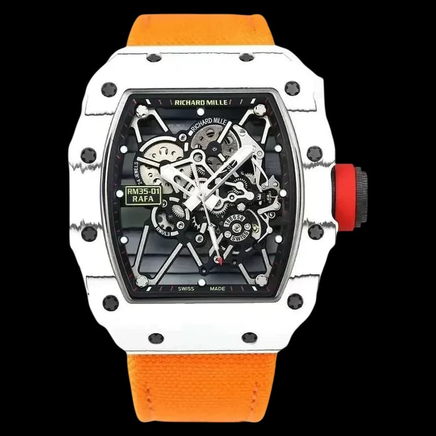Front view of the Swiss Richard Mille RM 35-01 Rafael Nadal replica watch featuring a white NTPT carbon case.
