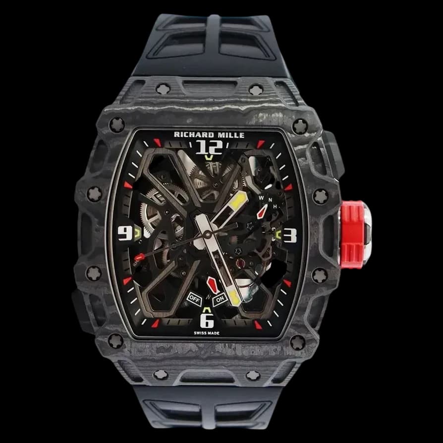 Front view of the best Richard Mille RM35-03 replica watch showcasing its intricate skeleton design and carbon case.