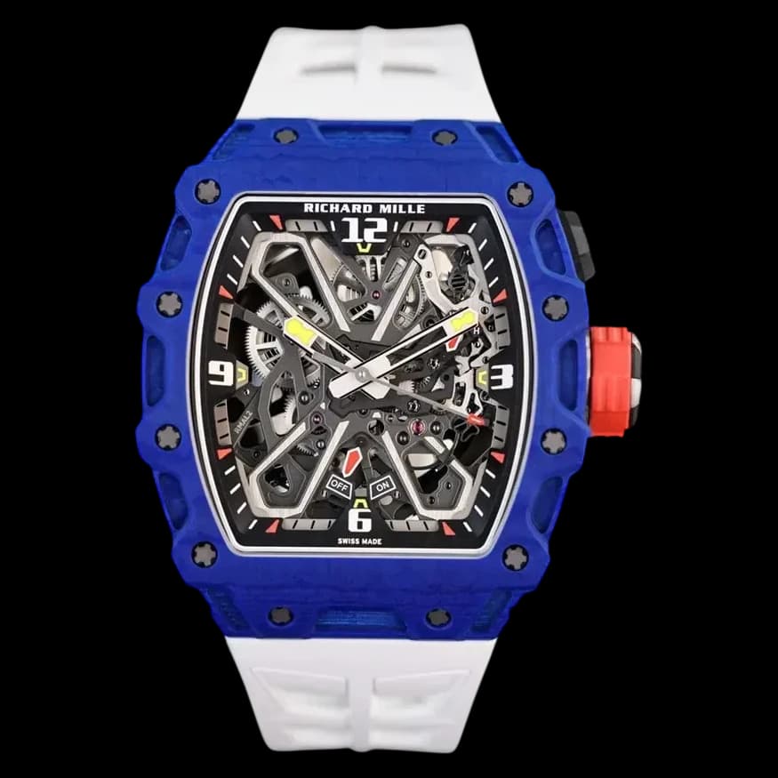 Front view of the replica Richard Mille RM 35-03 Rafael Nadal featuring a skeleton dial.