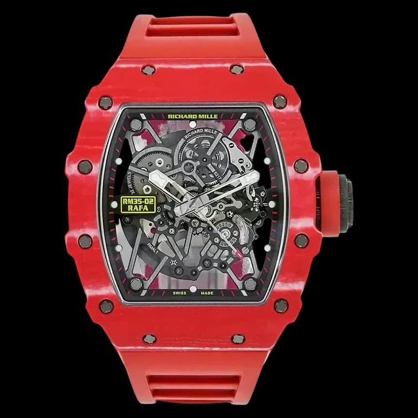 Front view of the best replica Richard Mille RM35-02 super clone sports watch featuring a skeleton dial.