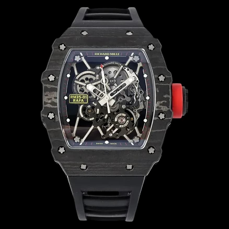 Front view of the Richard Mille RM35-01 super clone featuring a lightweight carbon fiber case and skeleton dial.